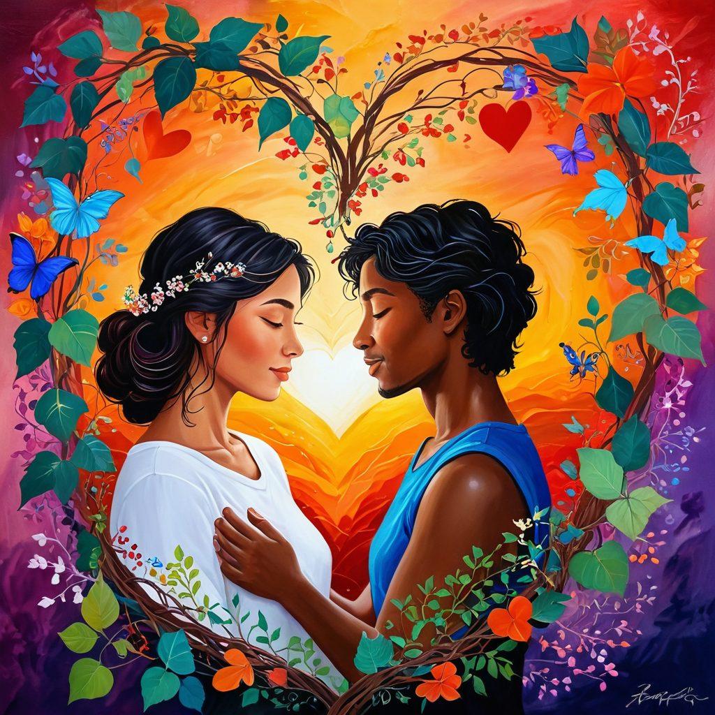 A warm, glowing heart intertwined with vibrant vines, symbolizing love and emotional connection. In the background, a collage of diverse couples sharing tender moments, illustrating various forms of love. Soft, dreamlike colors create a cozy atmosphere, emphasizing heartfelt narratives. Add delicate sparkles around the heart to enhance the emotional depth. painting. vibrant colors. dreamy style.