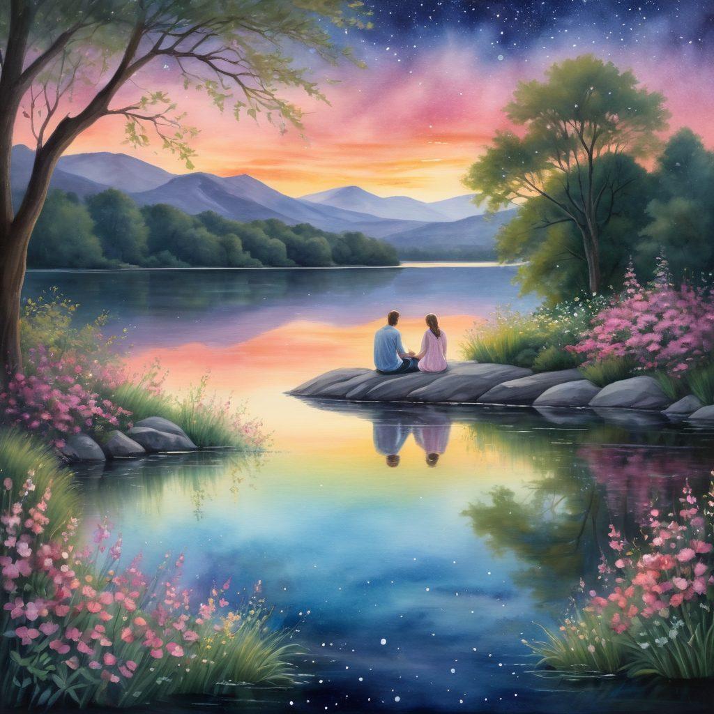 A serene and romantic scene depicting a couple sharing a quiet moment under a softly lit sky, surrounded by blooming flowers and gentle candlelight. Capturing their intimate gaze and tender touch, evoking feelings of devotion and connection. The background includes a tranquil lake reflecting the stars, creating a dreamy atmosphere. watercolor painting. soft pastels. warm lighting.