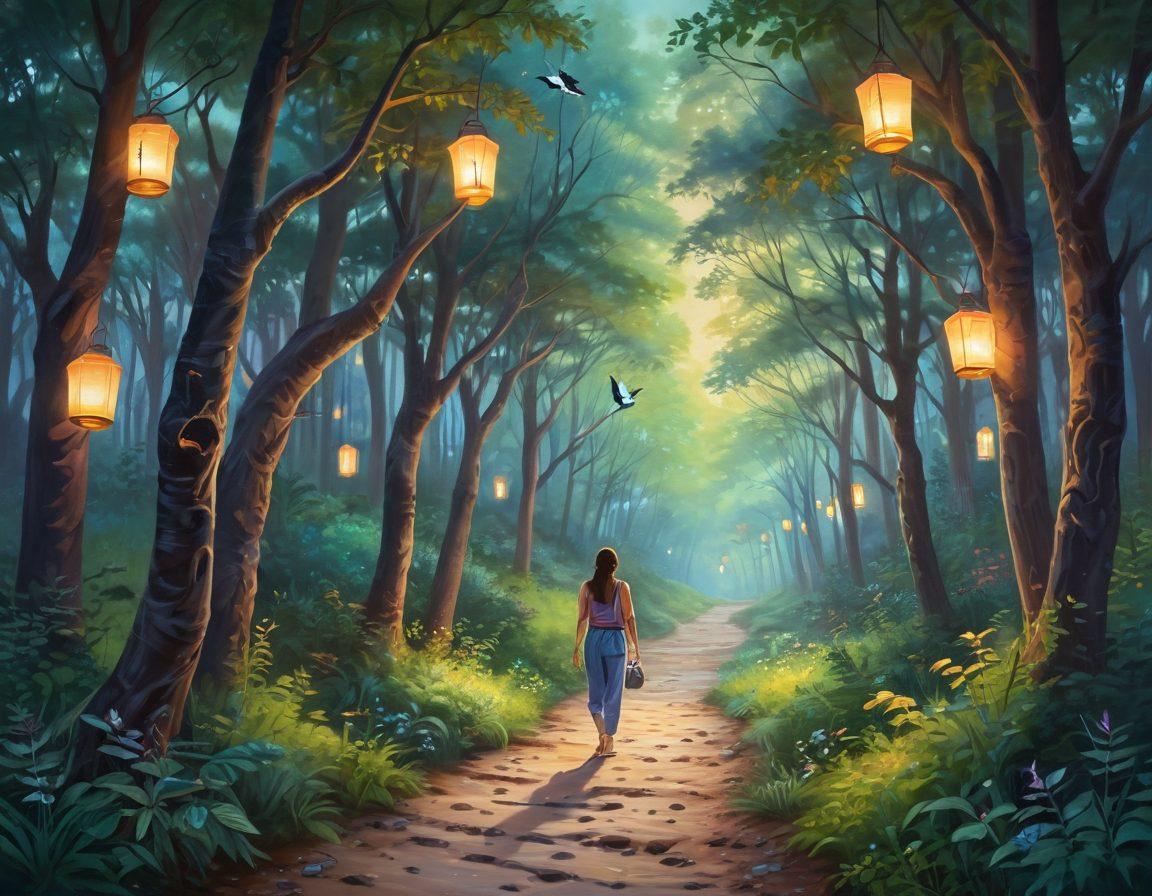 A serene landscape of winding paths through a lush forest, dotted with glowing lanterns symbolizing journeys. At the forefront, a warm-hearted figure extends a hand to another, illustrating compassion amidst diverse landscapes representing life's challenges. Soaring birds above add a sense of freedom and hope. Soft pastel hues create a calming atmosphere. painting. vibrant colors.